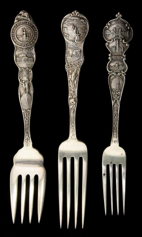 THREE UNUSUAL STERLING SILVER SOUVENIR FORKS