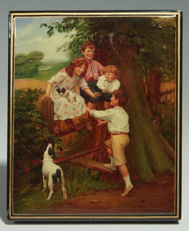 FEDOSKINO LACQUER BOX WITH CHILDREN SIGNED OSIPOVA