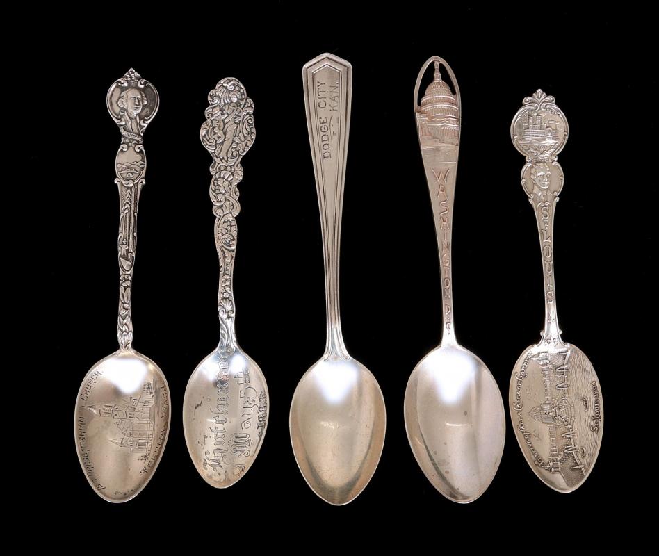 FIVE ANTIQUE STERLING SILVER SOUVENIR SPOONS