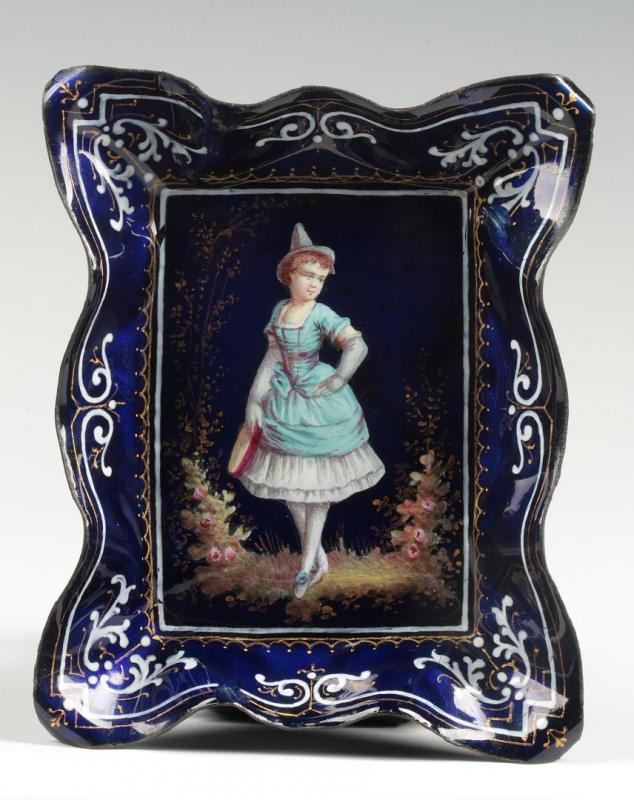 A CIRCA 1900 FRENCH KILN FIRED ENAMEL TRAY